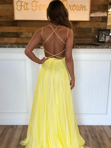 Vestidos de fiesta formales largos de gasa con lentejuelas, espalda descubierta y corte en A en amarillo