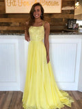 Yellow A Line Backless Sequins Chiffon Long Formal Prom Dresses by BIZTUNNEL