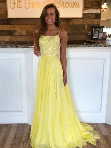 Vestidos de fiesta formales largos de gasa con lentejuelas, espalda descubierta y corte en A en amarillo