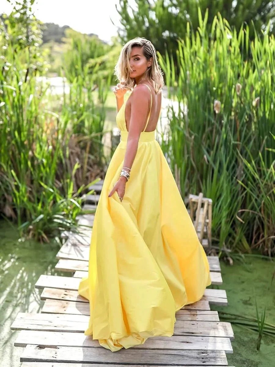Yellow A Line V Neck Backless Satin Long Formal Prom Dresses by BIZTUNNEL