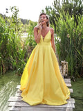 Yellow A Line V Neck Backless Satin Long Formal Prom Dresses by BIZTUNNEL