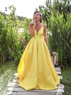 Yellow A Line V Neck Backless Satin Long Formal Prom Dresses by BIZTUNNEL