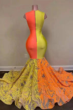 Yellow and Orange Mermaid Prom Dress Lace Long On Sale by misshow.com