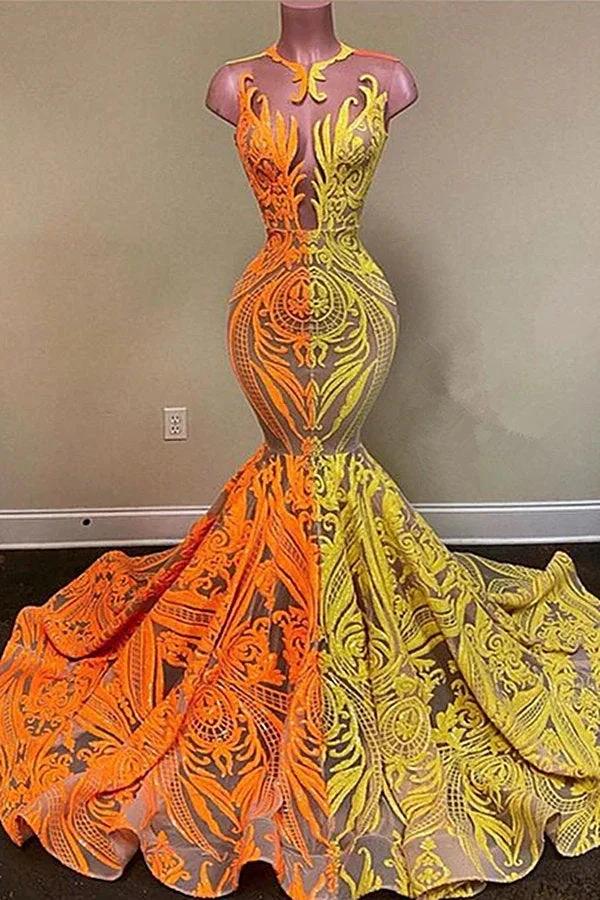 Yellow and Orange Mermaid Prom Dress Lace Long On Sale by misshow.com