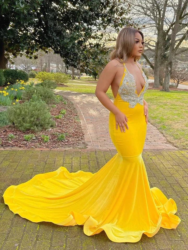 Yellow Appliques Lace V-neck Spaghetti Straps Floor-length Mermaid Prom Dresses by misshow.com