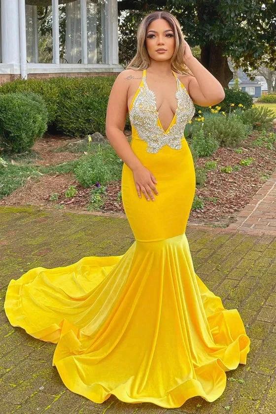 Yellow Appliques Lace V-neck Spaghetti Straps Floor-length Mermaid Prom Dresses by misshow.com
