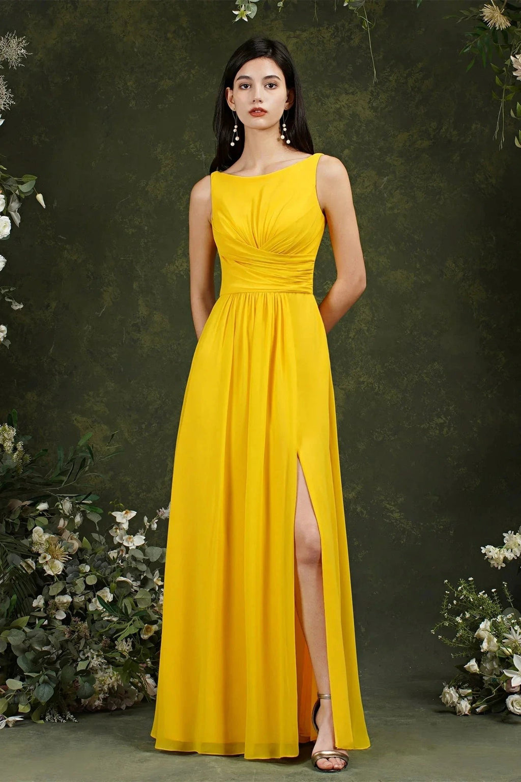 Yellow Bateau A-Line Chiffon Ruffles Split Floor-length Bridesmaid Dress With Pockets by misshow.com