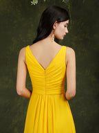 Yellow Bateau A-Line Chiffon Ruffles Split Floor-length Bridesmaid Dress With Pockets by misshow.com