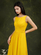 Yellow Bateau A-Line Chiffon Ruffles Split Floor-length Bridesmaid Dress With Pockets by misshow.com