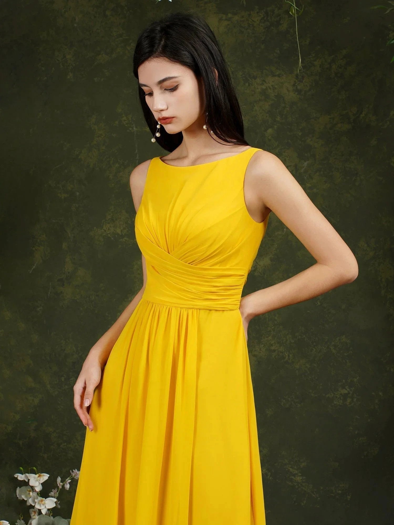 Yellow Bateau A-Line Chiffon Ruffles Split Floor-length Bridesmaid Dress With Pockets by misshow.com