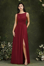 Yellow Bateau A-Line Chiffon Ruffles Split Floor-length Bridesmaid Dress With Pockets by misshow.com