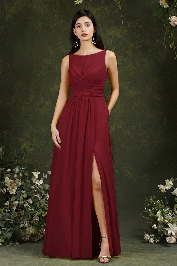 Yellow Bateau A-Line Chiffon Ruffles Split Floor-length Bridesmaid Dress With Pockets by misshow.com