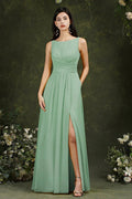 Yellow Bateau A-Line Chiffon Ruffles Split Floor-length Bridesmaid Dress With Pockets by misshow.com