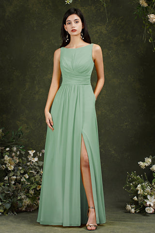 Yellow Bateau A-Line Chiffon Ruffles Split Floor-length Bridesmaid Dress With Pockets