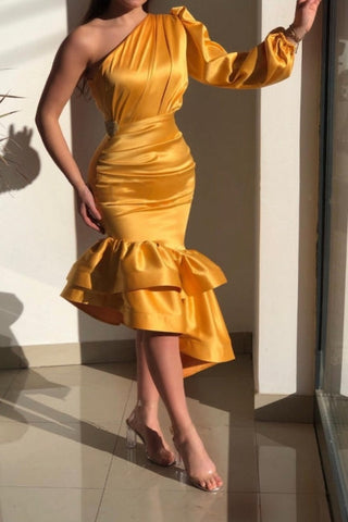 Yellow Gorgeous One Shoulder Mermaid Prom Dresses with Ruffle