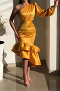 Yellow Gorgeous One Shoulder Mermaid Prom Dresses with Ruffle by misshow.com