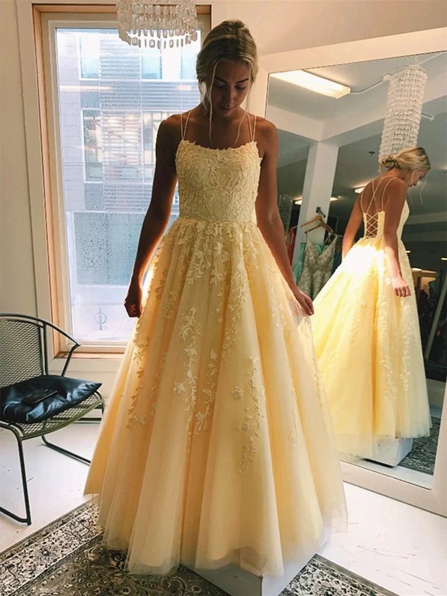 Yellow Long A-line Scoop Neck Backeless Tulle Lace Formal Prom Dresses by BIZTUNNEL