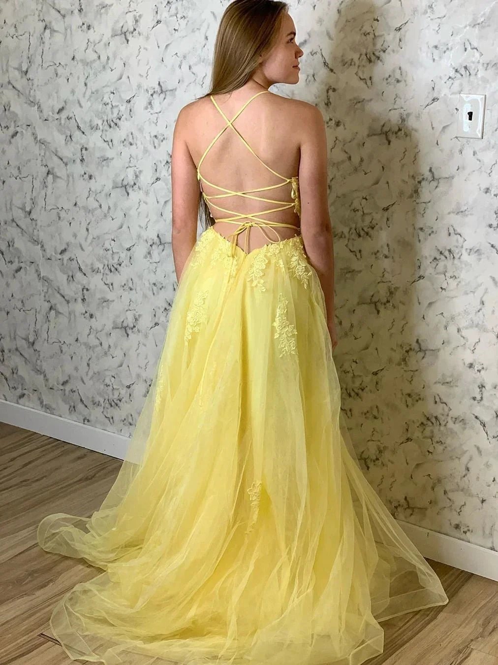 Yellow Long A-line Tulle Lace Open Back Formal Prom Dresses by BIZTUNNEL
