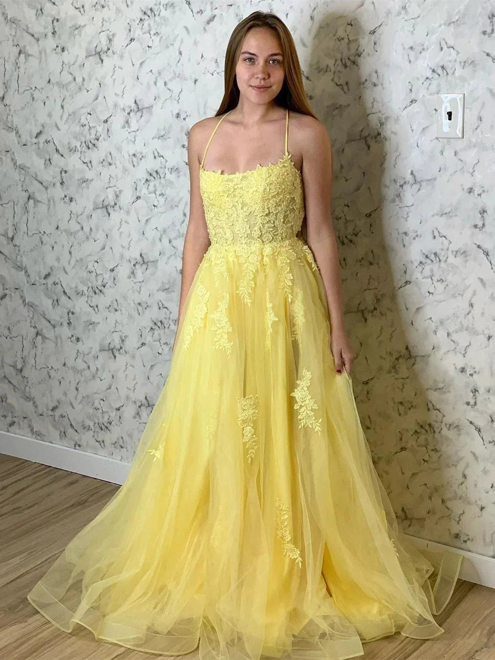 Yellow Long A-line Tulle Lace Open Back Formal Prom Dresses by BIZTUNNEL
