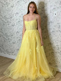 Yellow Long A-line Tulle Lace Open Back Formal Prom Dresses by BIZTUNNEL