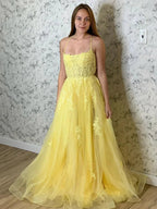 Yellow Long A-line Tulle Lace Open Back Formal Prom Dresses by BIZTUNNEL
