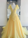 Yellow Long A-line V Neck Lace Tulle Backless Formal Graduation Prom Dresses by BIZTUNNEL