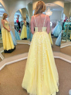 Yellow Long A Line V Neck Lace Tulle Open Back Prom Dresses with Appliques by BIZTUNNEL