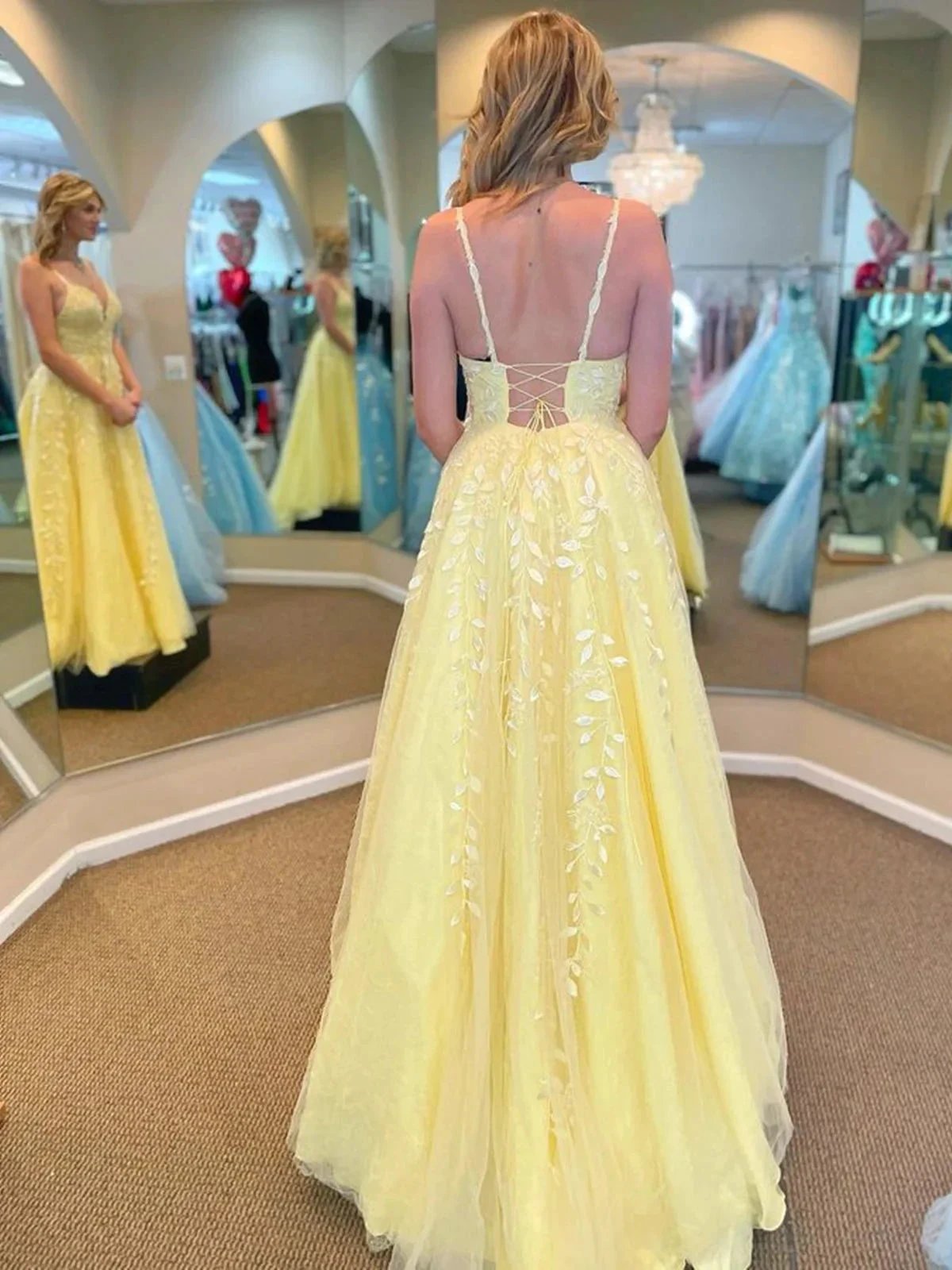 Yellow Long A Line V Neck Lace Tulle Open Back Prom Dresses with Appliques by BIZTUNNEL