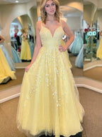 Yellow Long A Line V Neck Lace Tulle Open Back Prom Dresses with Appliques by BIZTUNNEL