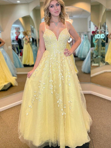 Yellow Long A Line V Neck Lace Tulle Open Back Prom Dresses with Appliques