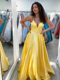 Yellow Long A Line V Neck Satin Formal Graduation Prom Dresses by BIZTUNNEL