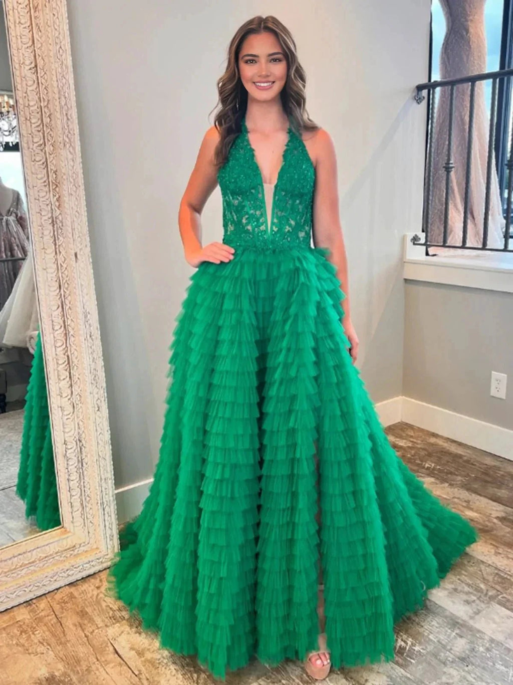 Yellow Plunge V Ruffle Tiered Long Prom Dress with Slit by KissProm