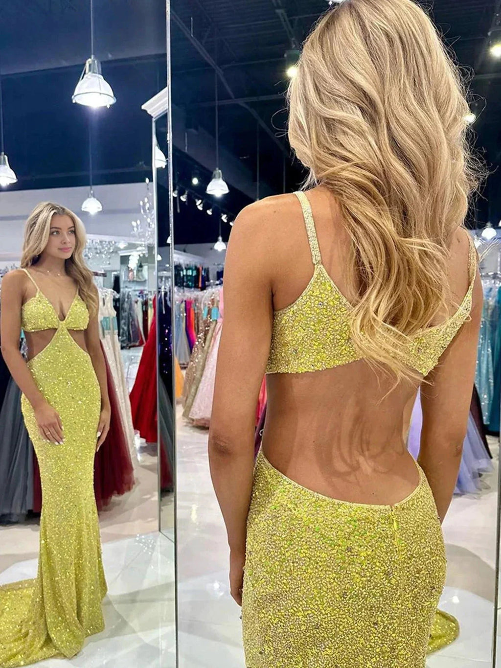 Terri | Mustard Green Sequins Deep V Neck Cutout Long Prom Dresses by KissProm