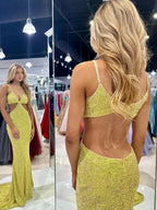 Terri | Mustard Green Sequins Deep V Neck Cutout Long Prom Dresses by KissProm