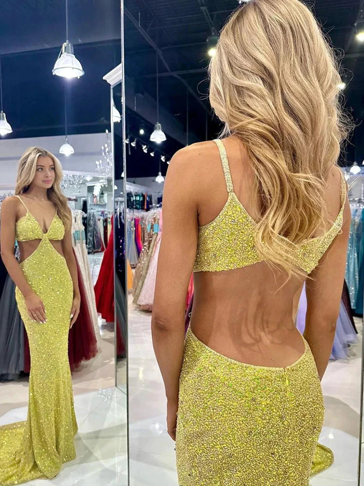 Terri | Mustard Green Sequins Deep V Neck Cutout Long Prom Dresses by KissProm