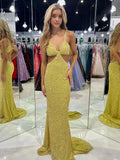 Terri | Mustard Green Sequins Deep V Neck Cutout Long Prom Dresses by KissProm
