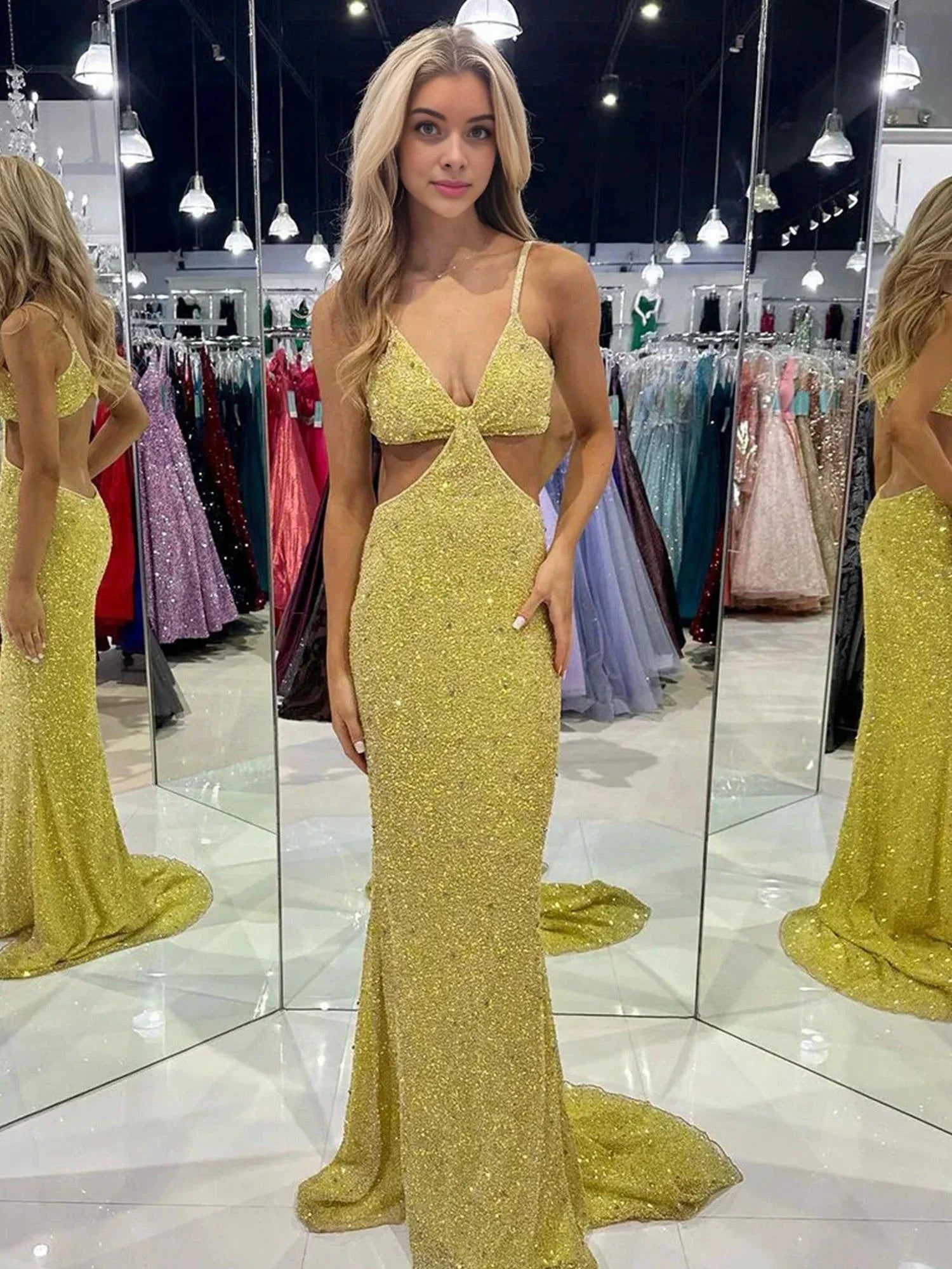 Terri | Mustard Green Sequins Deep V Neck Cutout Long Prom Dresses by KissProm