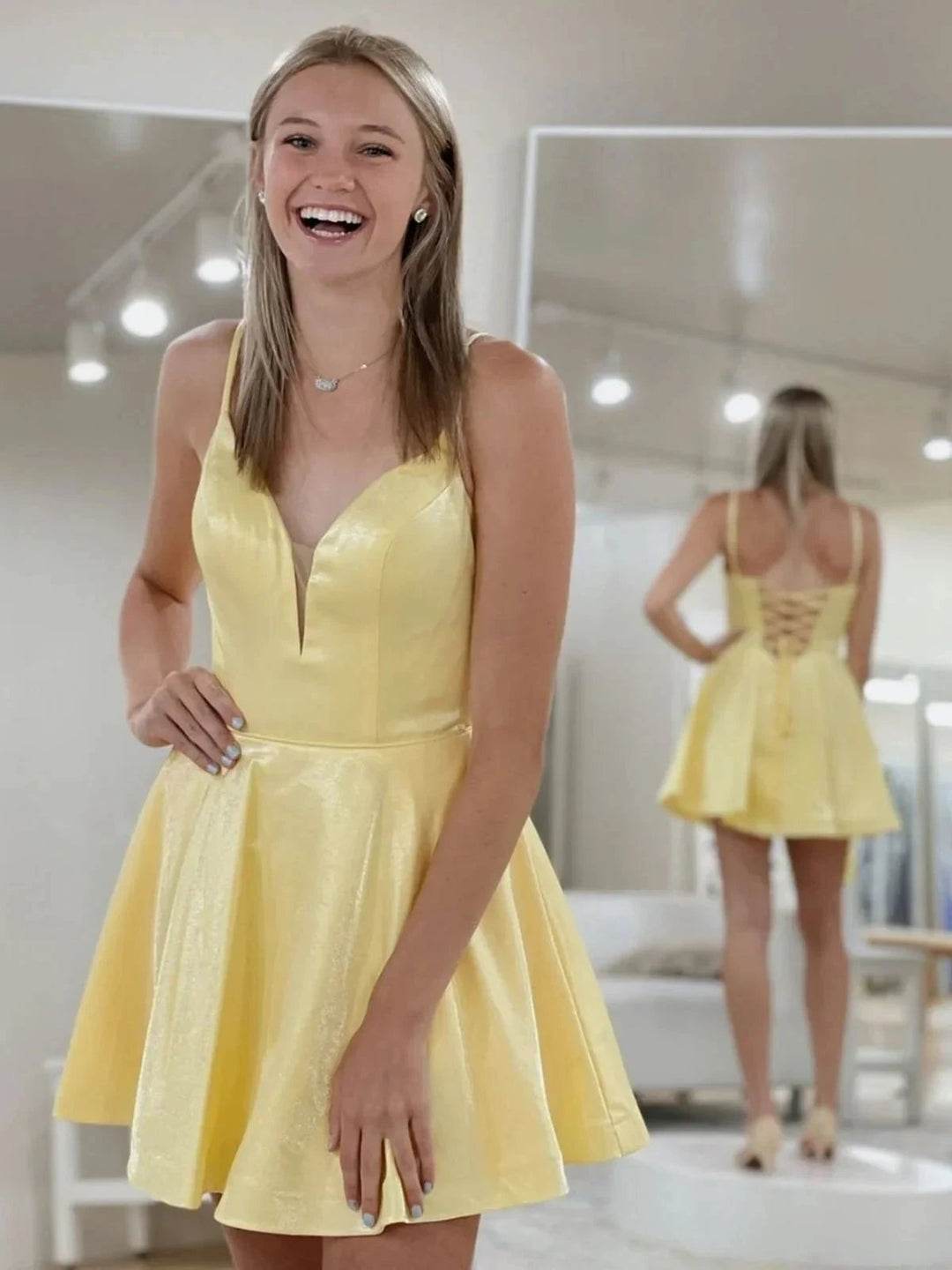 Yellow Short A Line V Neck Satin Backless Prom Homecoming Dresses by BIZTUNNEL