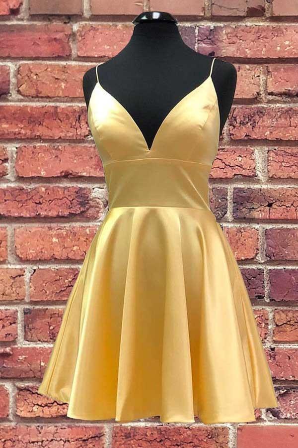 Vestido corto de fiesta con escote en V y tirantes de satén amarillo PD279