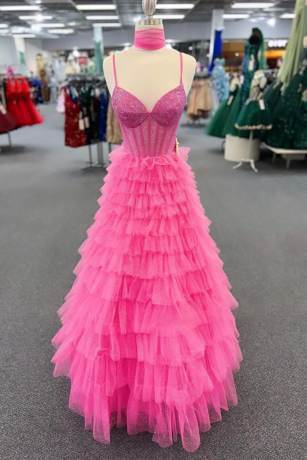 Yetta | Tulle A-Line Spaghetti Strap Beaded Long Tiered Prom Dress by KissProm