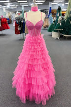 Yetta | Tulle A-Line Spaghetti Strap Beaded Long Tiered Prom Dress by KissProm
