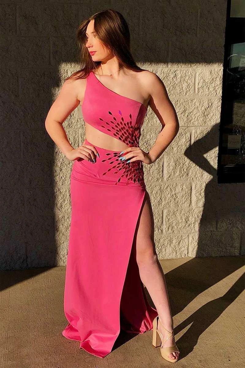 Yonderly | One Shoulder Royal Blue Cut Glass Mirror Long Prom Dress with Slit by KissProm