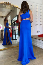 Yonderly | One Shoulder Royal Blue Cut Glass Mirror Long Prom Dress with Slit by KissProm