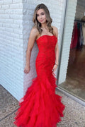 Zabelle | Strapless Mermaid Red Lace Long Prom Dresses with Ruffles by KissProm