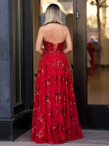 Zara | A-Linien-Ballkleid, trägerlos, plissiert, lang, mit Applikation