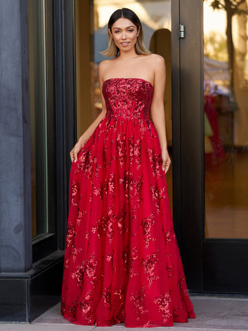 Zara | A-Linien-Ballkleid, trägerlos, plissiert, lang, mit Applikation
