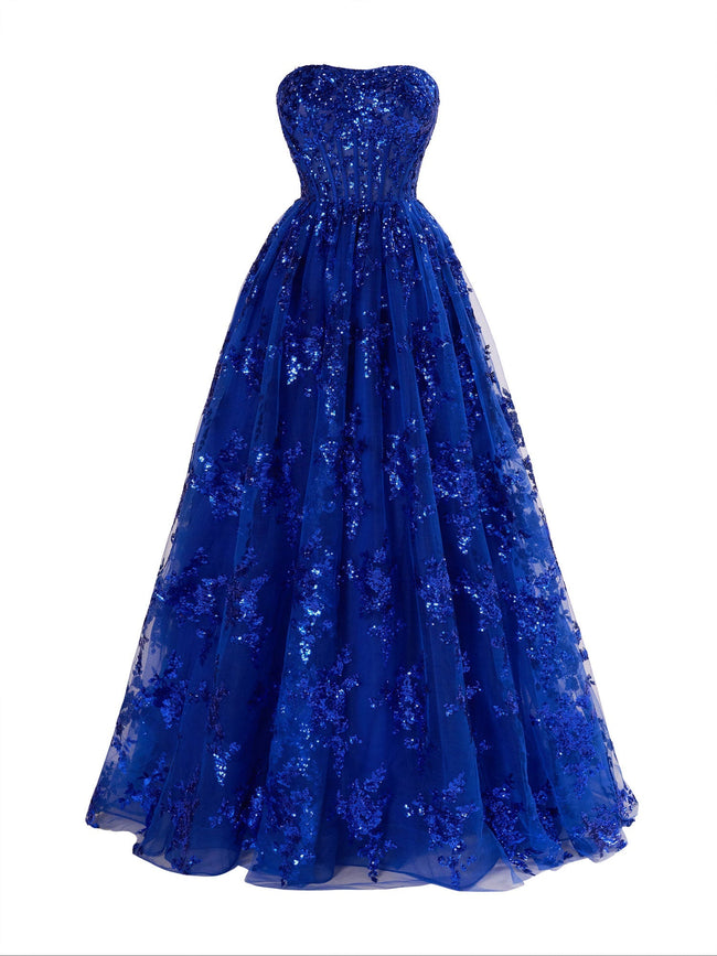 A Line Strapless Pleating Long Prom Dress With Applique Main Image