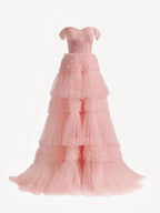 Zariah | Blush Princess A line Off Shoulder Ruffled Tulle Prom Dress by KissProm