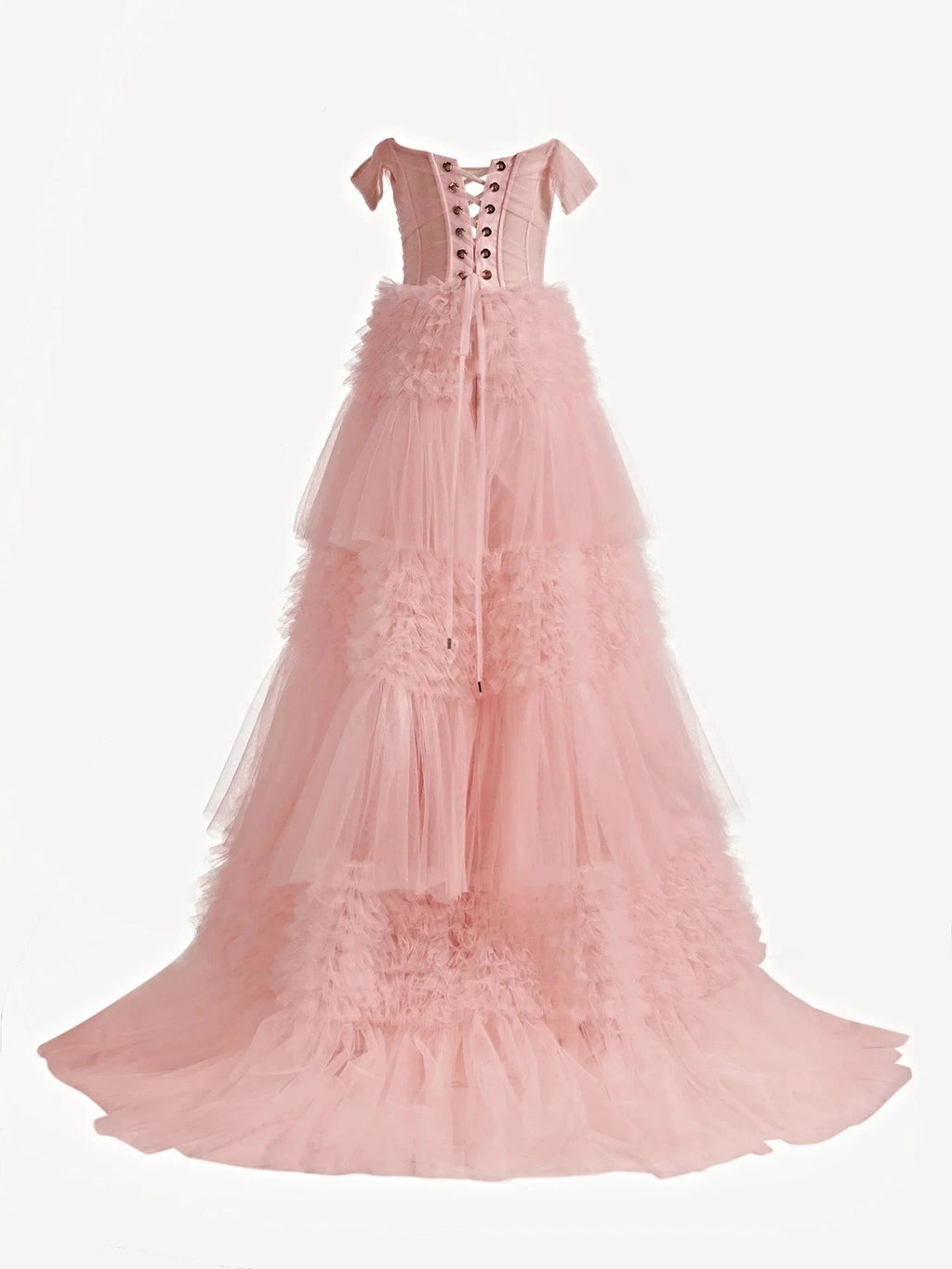 Zariah | Blush Princess A line Off Shoulder Ruffled Tulle Prom Dress by KissProm