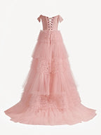 Zariah | Blush Princess A line Off Shoulder Ruffled Tulle Prom Dress by KissProm